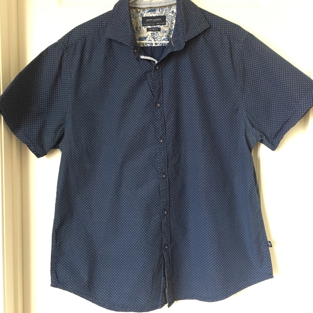 DENIM & FLOWER Navy Blue Short Sleeve Slim Fit